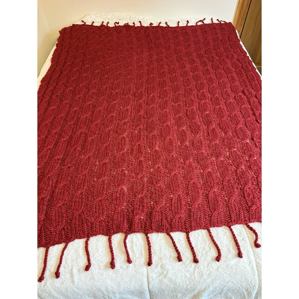 Vintage Red Crocheted Cable Knit Blanket Afghan Throw Yarn Sofa Bed 54” x 62”